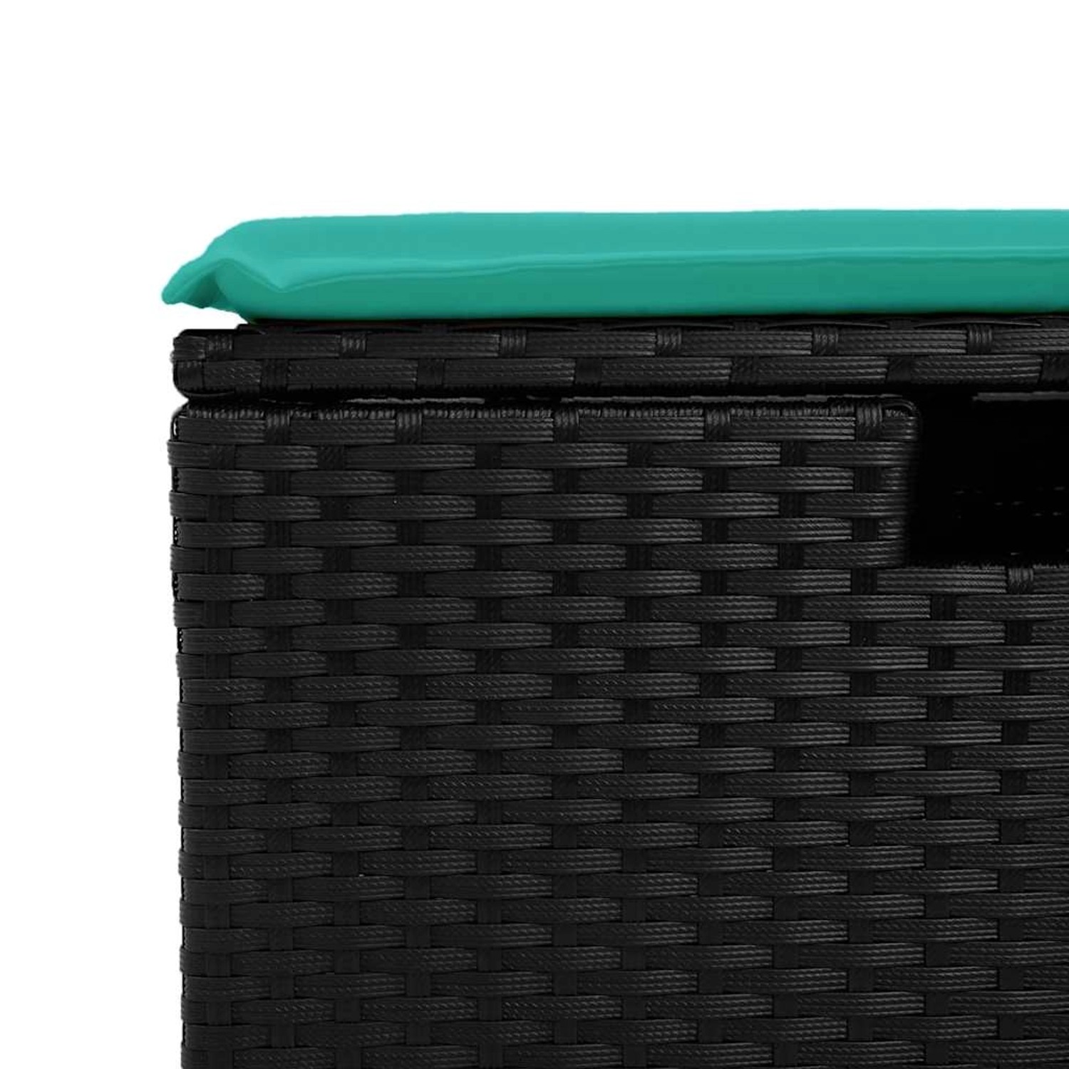 Detailansicht: Schwarzer Rattan Gartenhocker mit blauem Kissen, Teil der vidaXL 2-Tlg Sofagarnitur.