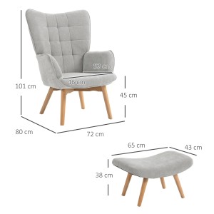 Grauer Cord Ohrensessel mit Hocker, Holzbeine, Maße eingezeichnet. Loungesessel Set für Wohnzimmer.