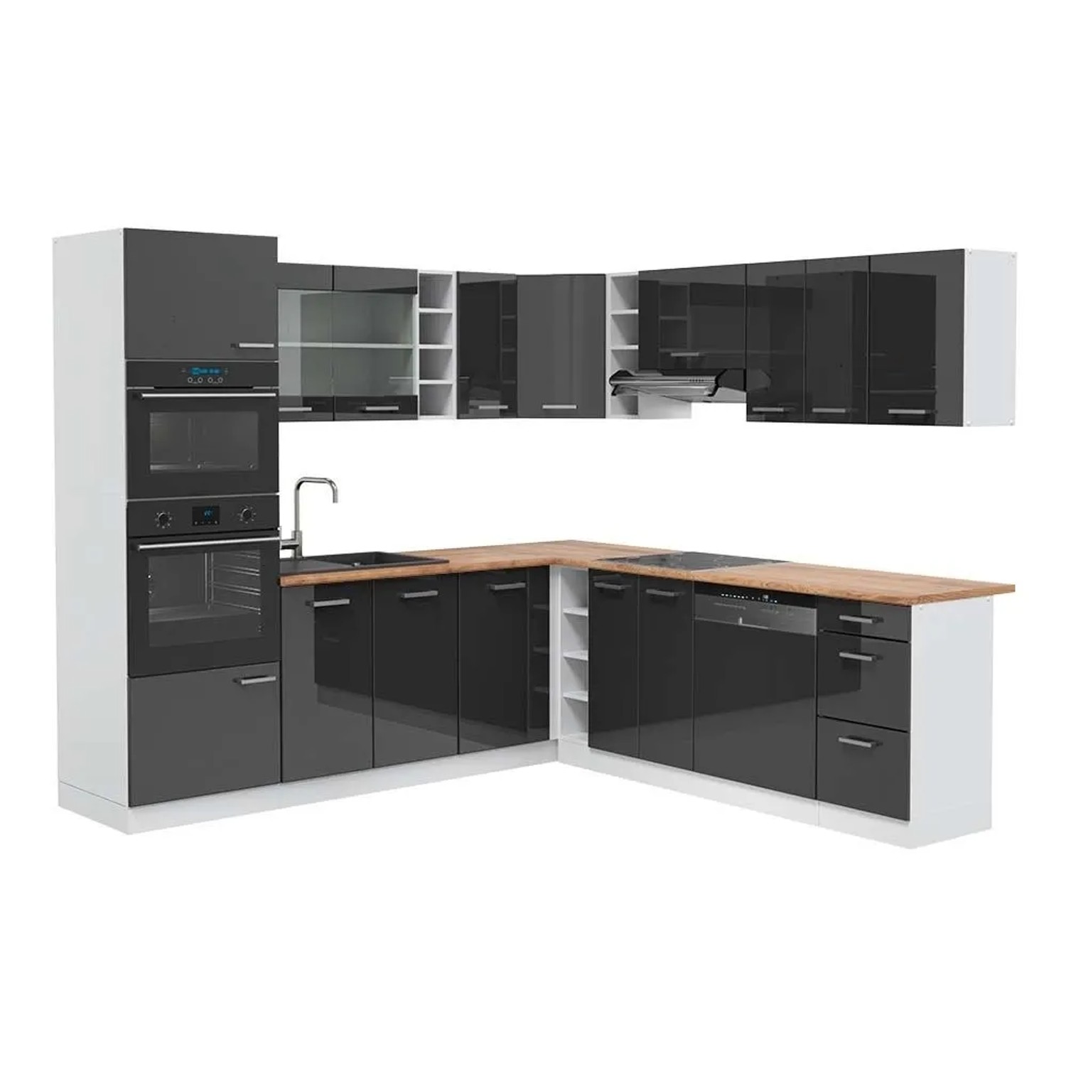 Vicco Eckküche R-Line Anthrazit Hochglanz/Weiß 247 x 82, AP Eiche