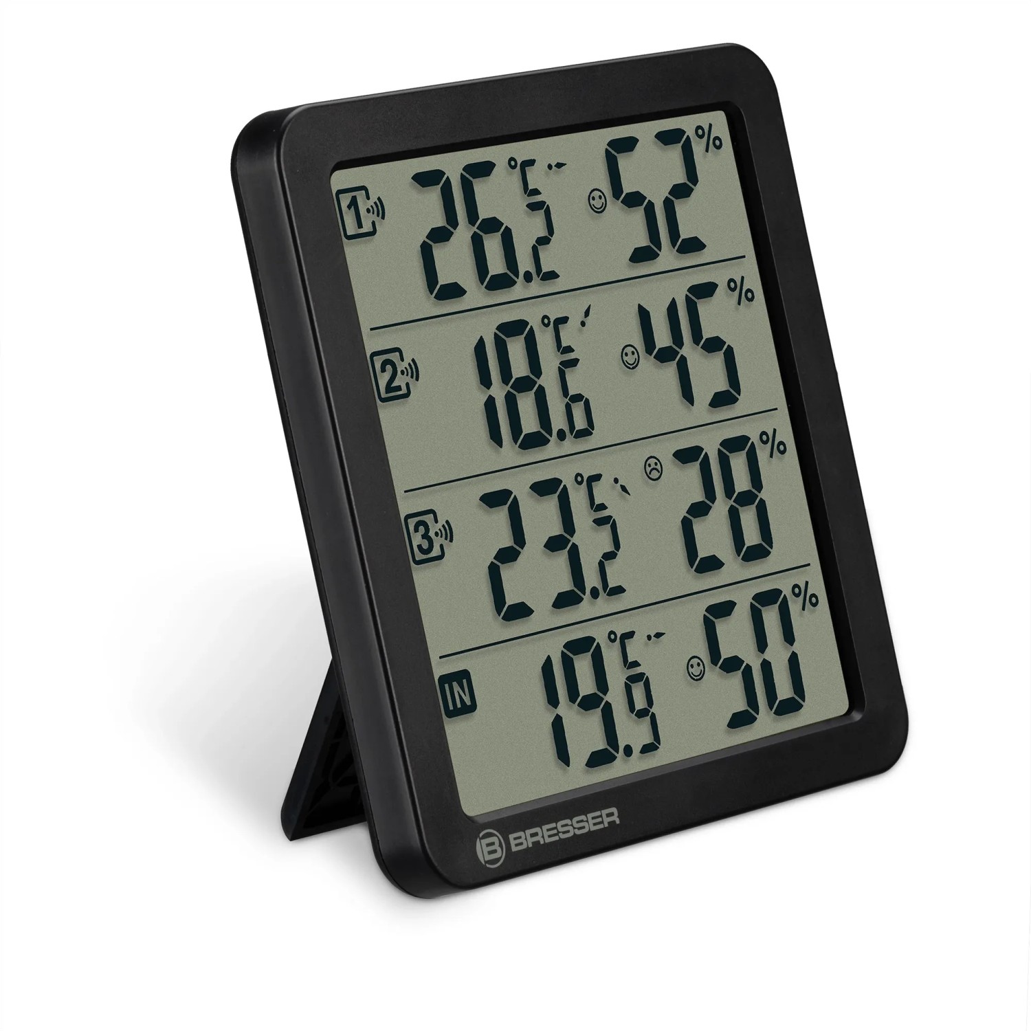 Bresser Thermo-Hygrometer Quadro NV Schwarz zeigt Temperatur und Luftfeuchtigkeit von 4 Standorten.