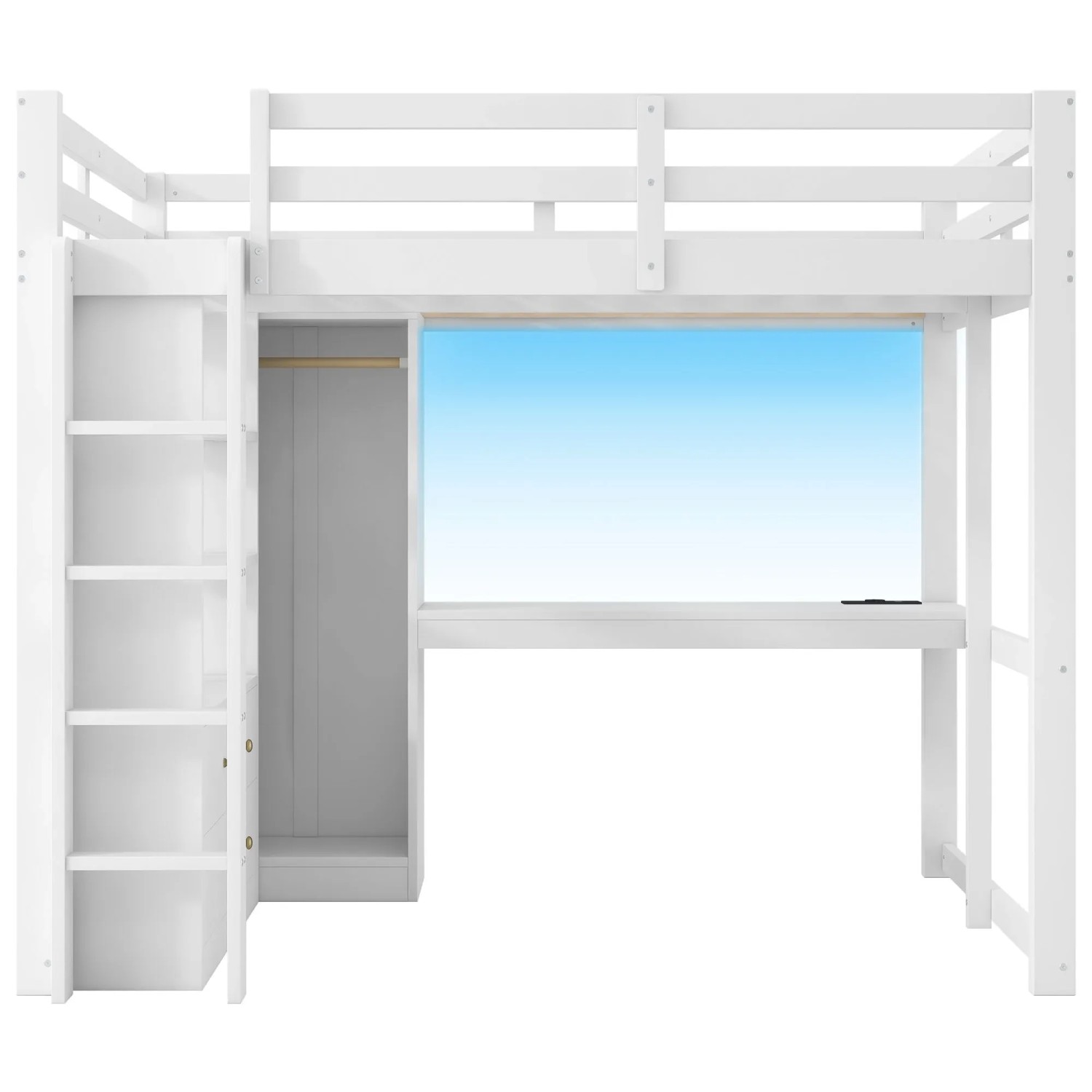 Merax Hochbett 140x200 cm mit Schreibtisch 2 Schubladen LED USB Weiß
