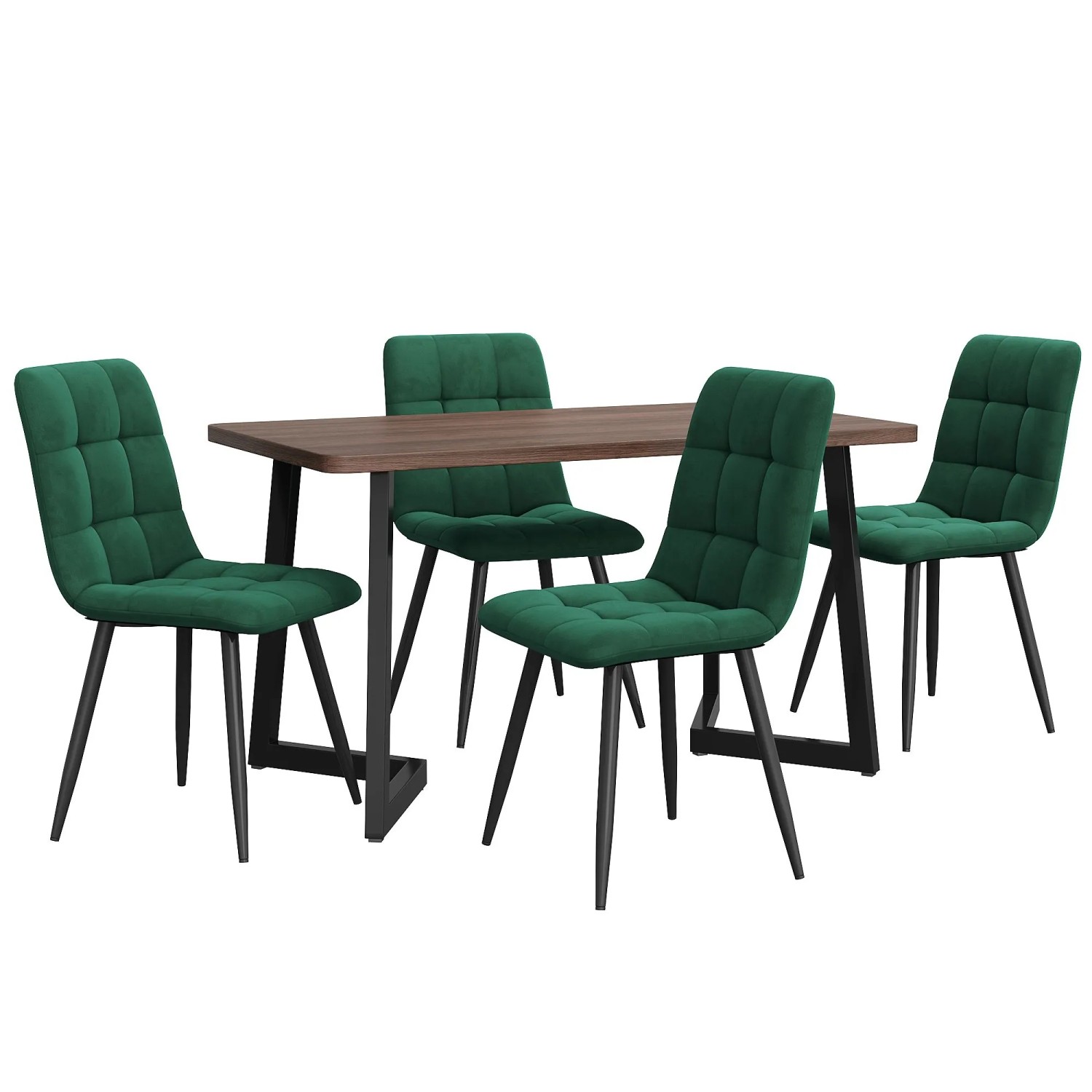 Merax Essgruppe 5-tlg mit Esstisch Holzoptik  4 Samtstühle Dunkelgrün  MDF Walnuss  Schwarz