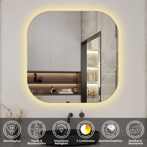Aica Sanitär Badspiegel Quadrat 50 cm Spiegel mit LED Beleuchtung Drei Lichtfarbe Dimm Memory Neutral-Warm-Kaltweiß Touch Wandschalter Beschlagfrei
