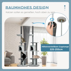 PawHut Kratzbaum, deckenhoch, grau, mit Katzenhöhle, Korb und Spielball. Katzen auf verschiedenen Ebenen.