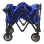 Zusammengefalteter, blauer Axi Bollerwagen AB110 mit schwarzen Rädern und Gestell.