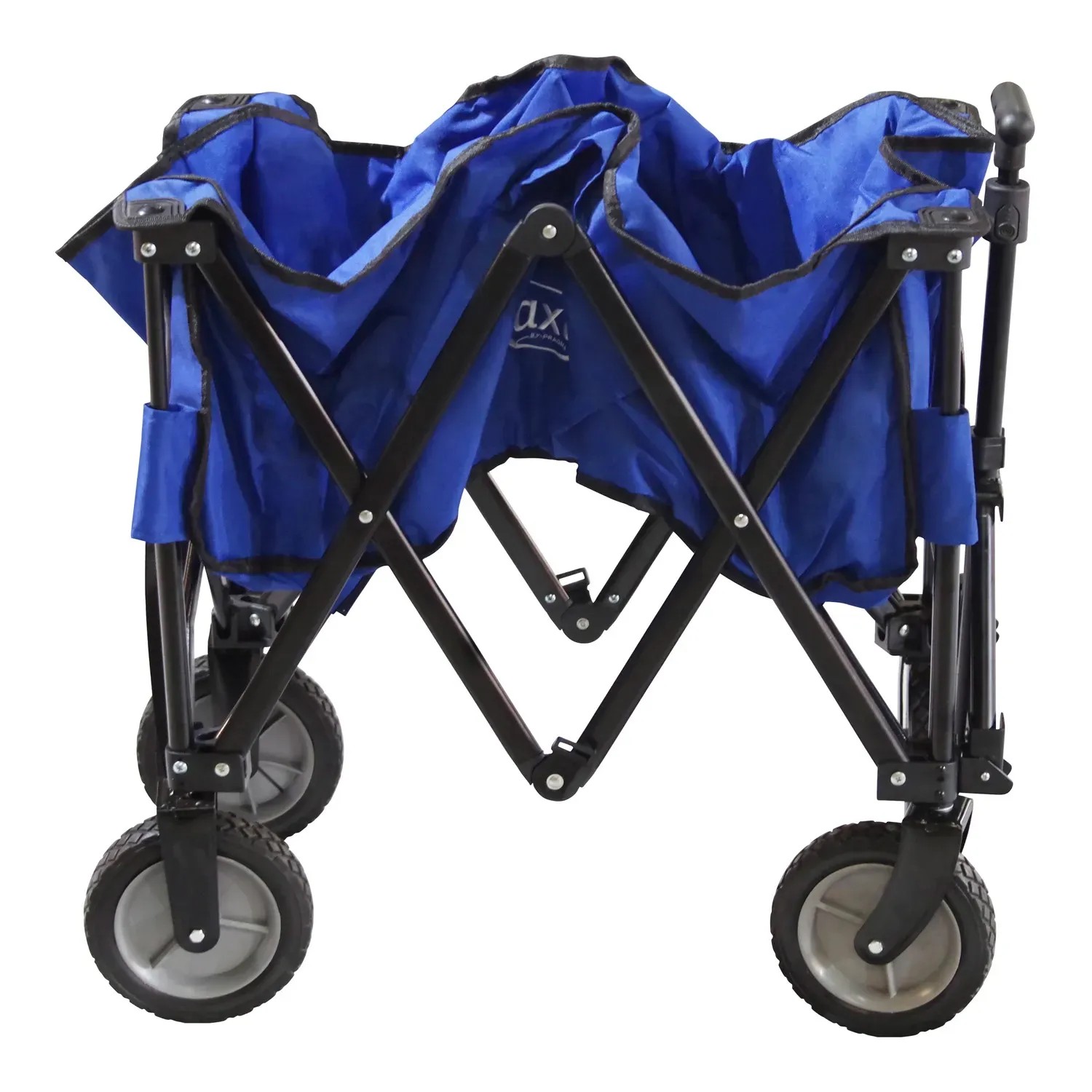 Zusammengefalteter, blauer Axi Bollerwagen AB110 mit schwarzen Rädern und Gestell.