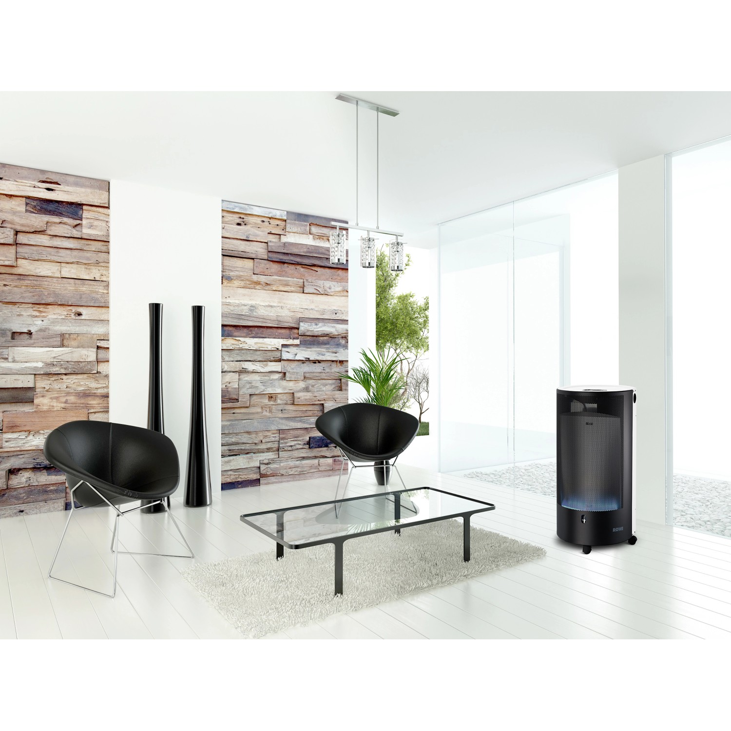 Rowi Gas-Heizofen Blue Flame Pure 4,2 kW in Weiß im modernen Wohnzimmer.