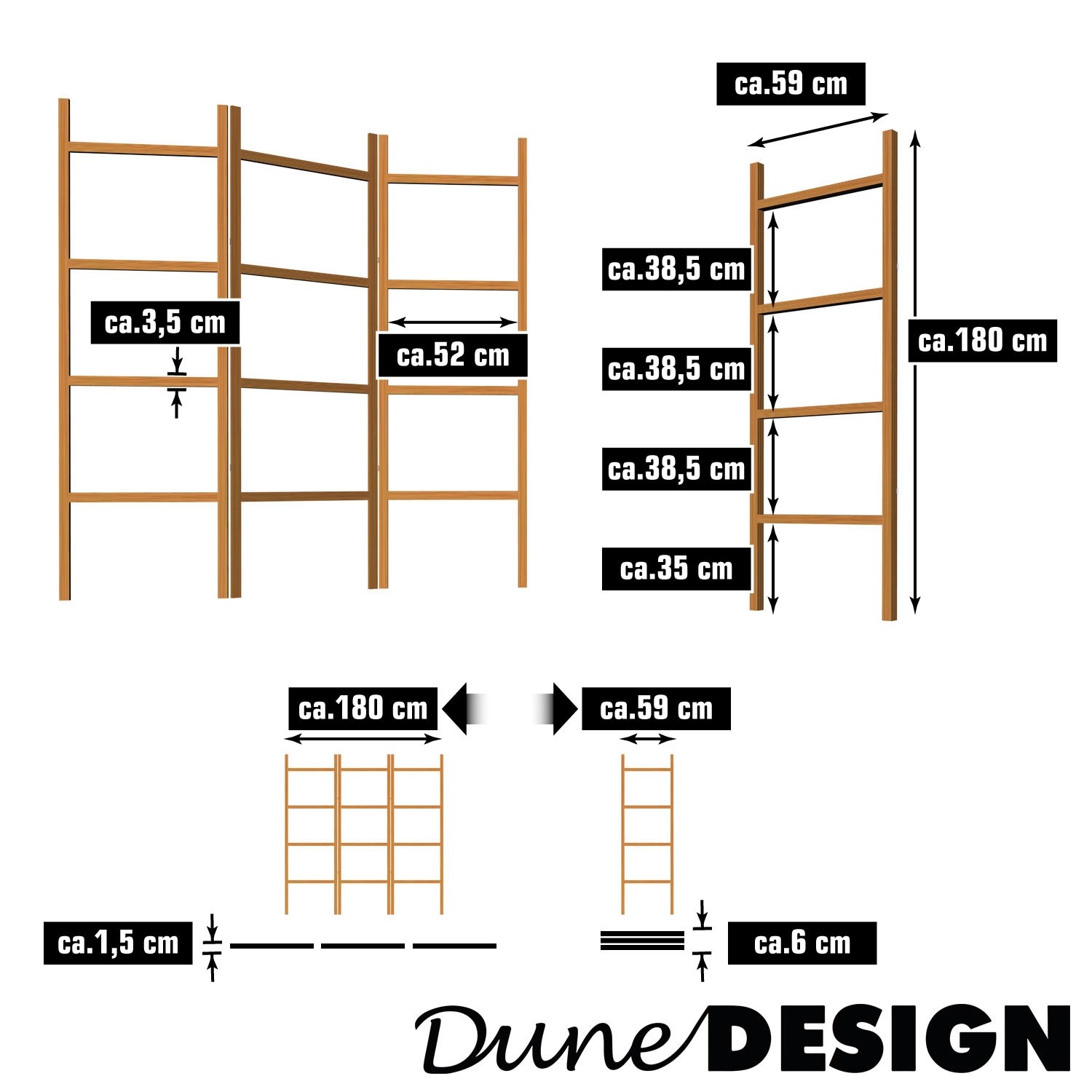 DuneDesign Raumteiler Holz, Maße: 180x180cm, Detailansichten mit Maßangaben.