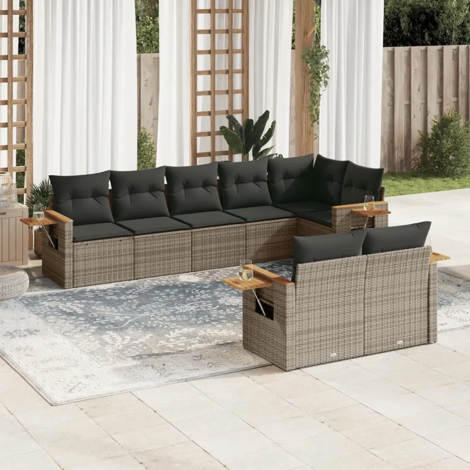 Graue 8-tlg. vidaXL Garten-Sofagarnitur aus Poly Rattan mit Kissen. Gartenmöbel mit Stauraum und Beistelltischen.