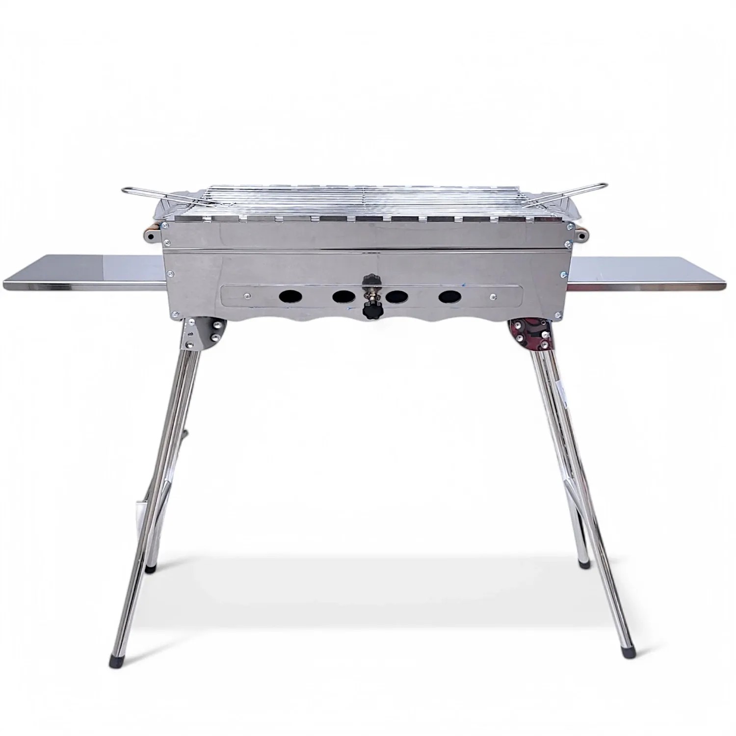 Grillpeter Mangal Khan Edelstahl Grill mit Rost und Ablagen, klappbare Füße.