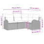 Schwarzes 4-tlg. vidaXL Garten-Sofa-Set aus Poly Rattan mit Kissen und Maßangaben.