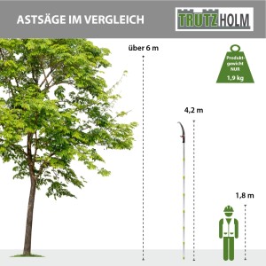 Vergleich: TRUTZHOLM Alu Astsäge mit Stiel (4,2m) neben Baum und Person zur Größenordnung.