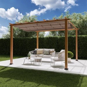 Paragon Outdoor Pergola Florida mit Sonnensegel, Holzoptik, Aluminium, 350x350 cm. Gartengestaltung mit Pavillon.