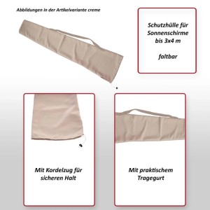 Schutzhülle für Sonnenschirm bis 3x4m aus Polyester, faltbar, mit Kordelzug und Tragegurt.