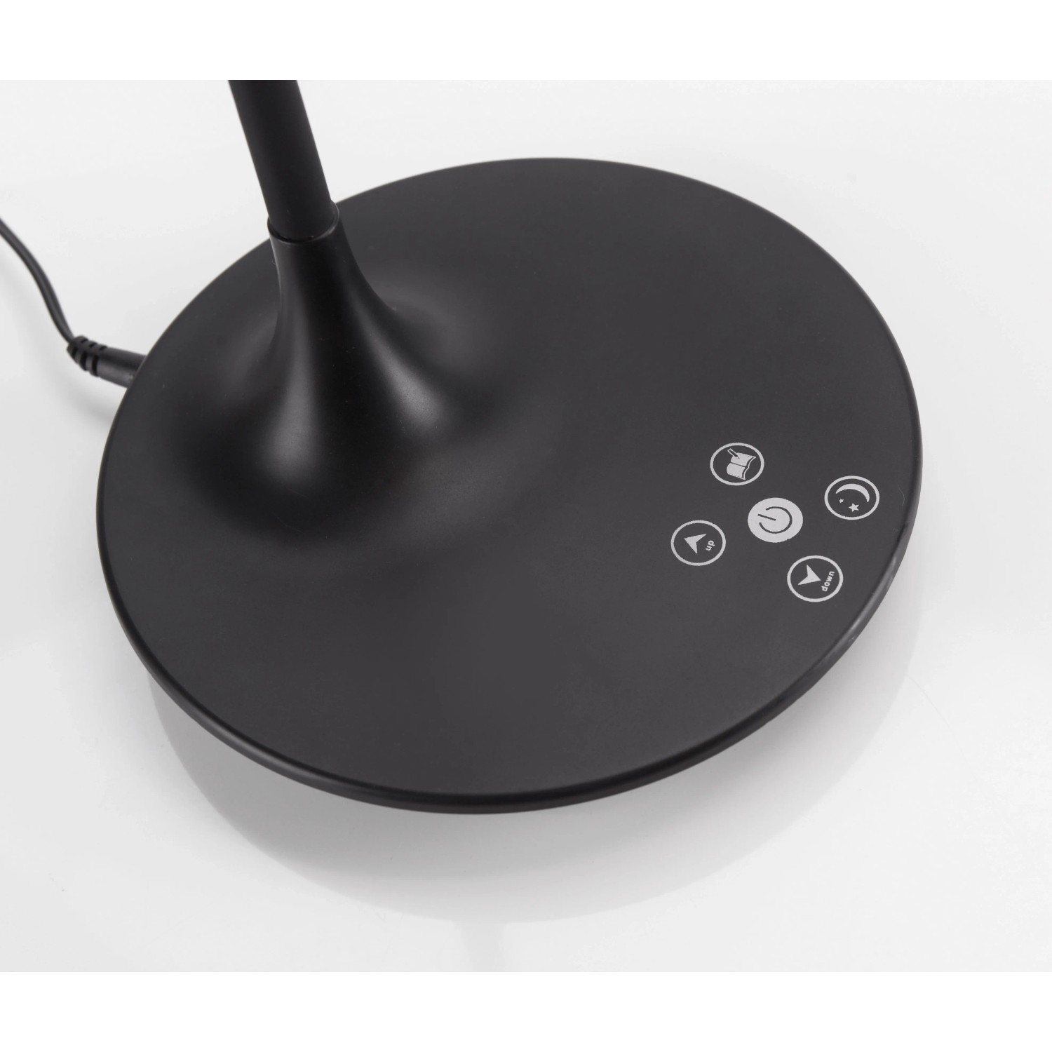 Detailaufnahme der schwarzen LED-Tischleuchte Rafael mit Touch-Bedienfeld.