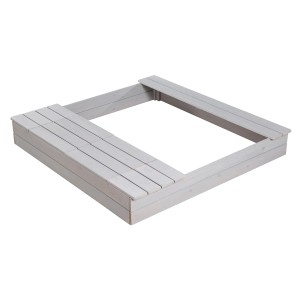 Grauer roba Sandkasten Outdoor+ mit Spielwannen und Abdeckungen aus Holz.