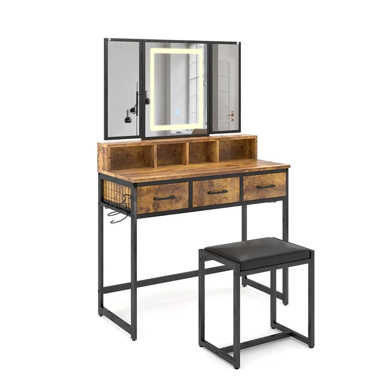 Vicco Schminktisch Fyrk Eiche rustikal 90 x 138 mit LED-Spiegel und Hocker