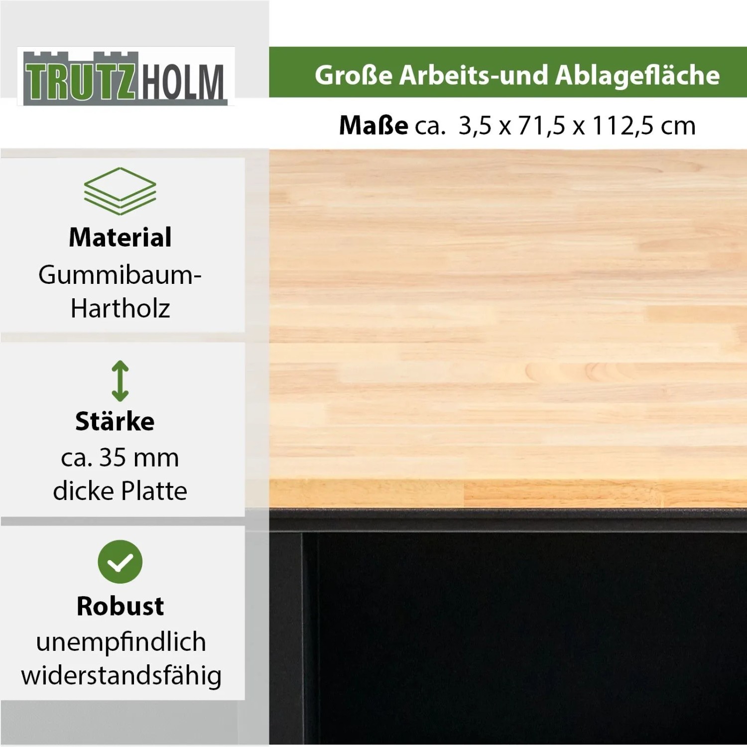 Detailaufnahme: TRUTZHOLM Werkstattwagen Jumbo XXL mit Arbeitsplatte aus Gummibaum-Hartholz.