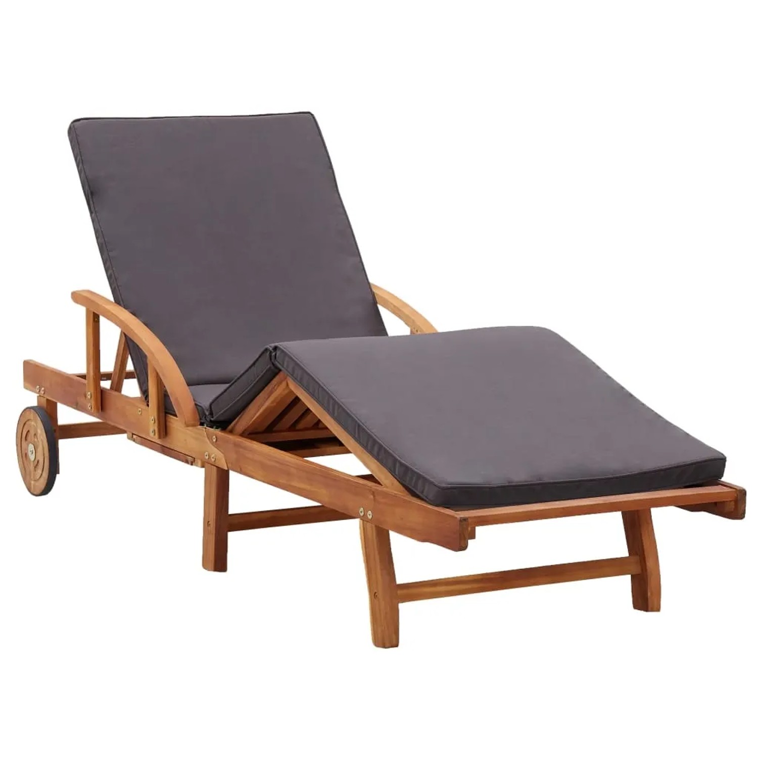 Sonnenliege vidaXL aus Akazienholz mit grauer Auflage, verstellbar und mobil.