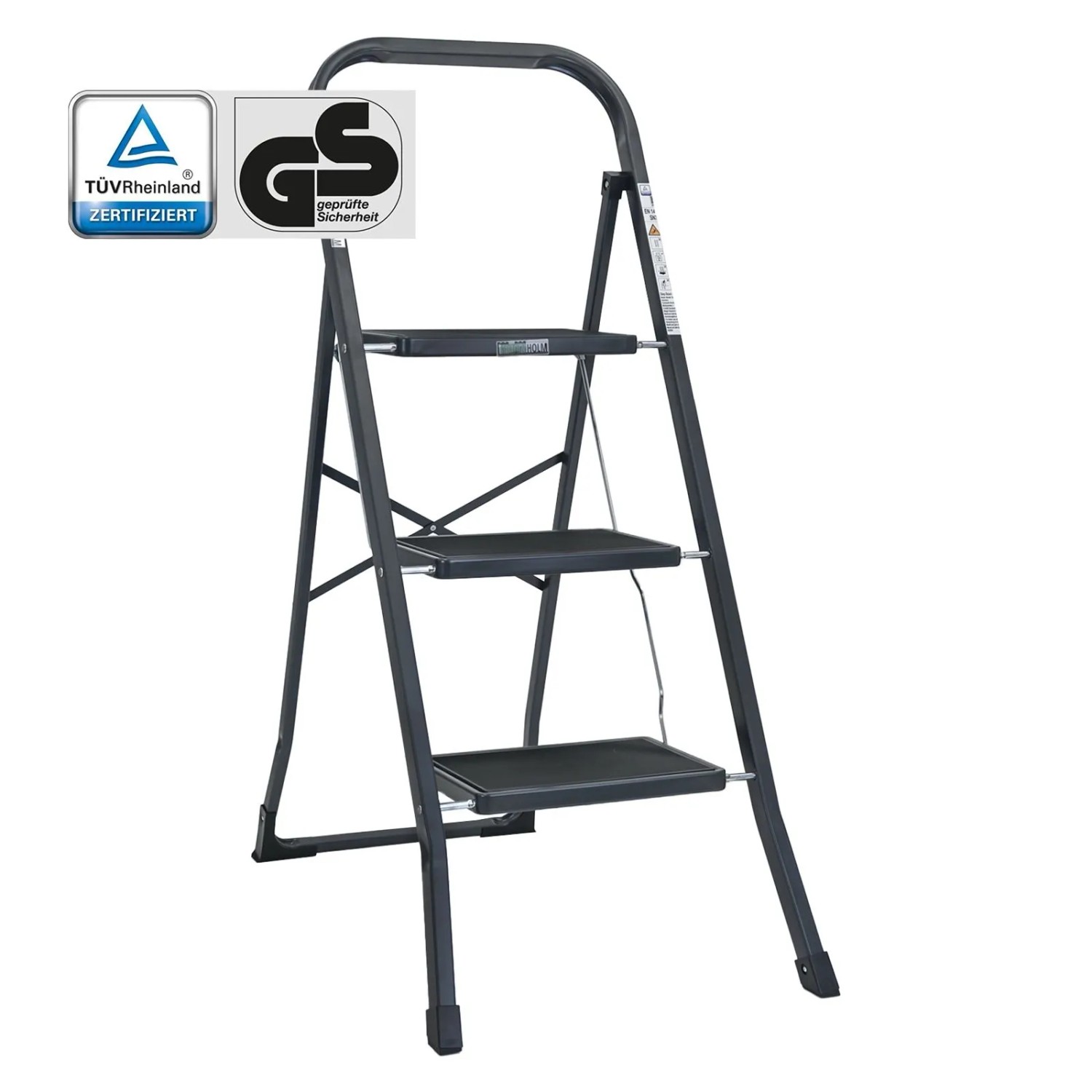 TRUTZHOLM Trittleiter 3 Stufen Klappbar TÜV/GS 150 kg Anti-Rutsch Trittflächen Anthrazit