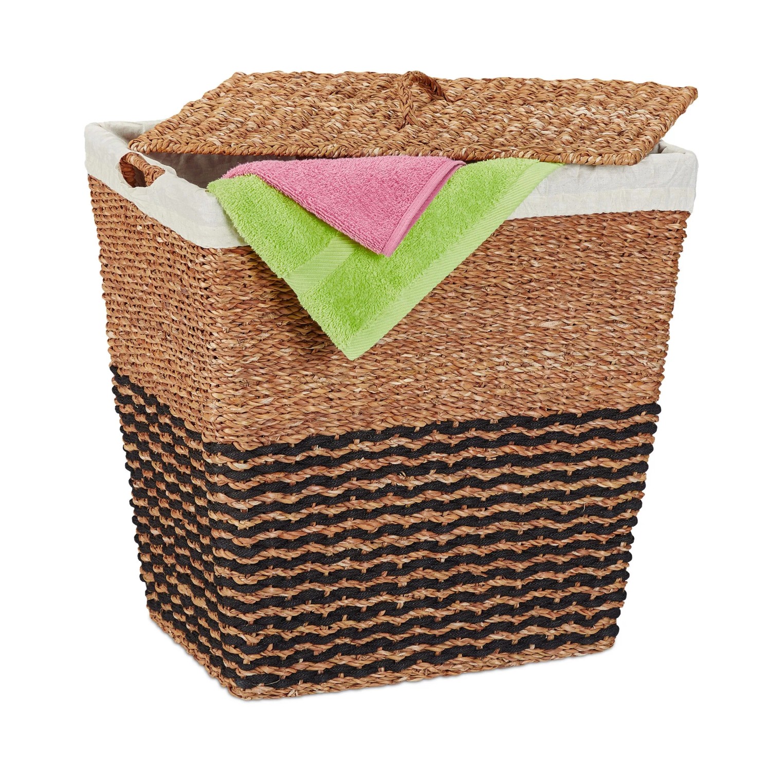 Relaxdays Wäschekorb Seegras Baumwolle Eisen Natur Beige Mit Deckel Mit Griffen 87 L 50 cm x 50 cm x 40 cm 3,2 kg