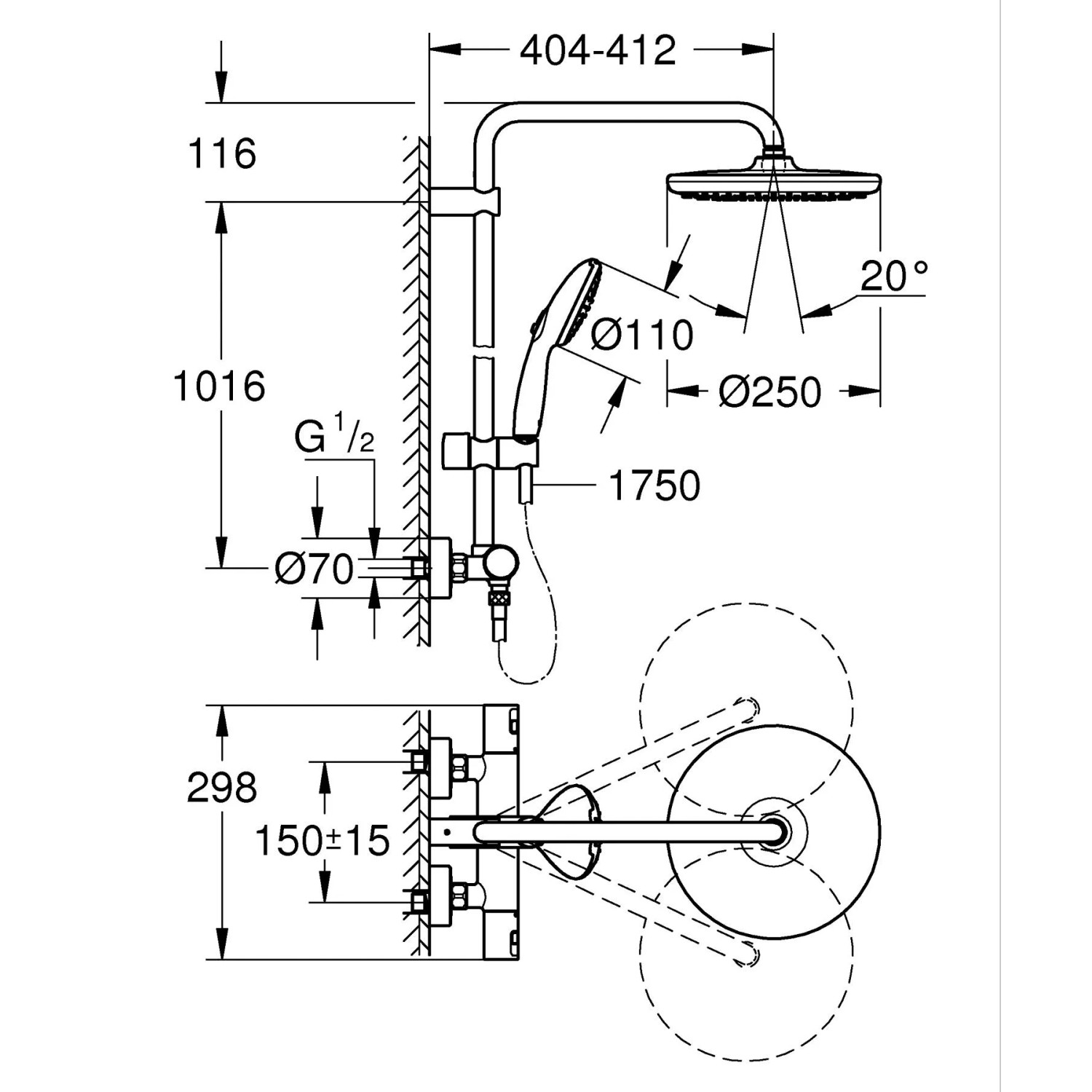Technische Zeichnung: Grohe Vitalio Start 250 Duschsystem mit Thermostat, Maße und Details.