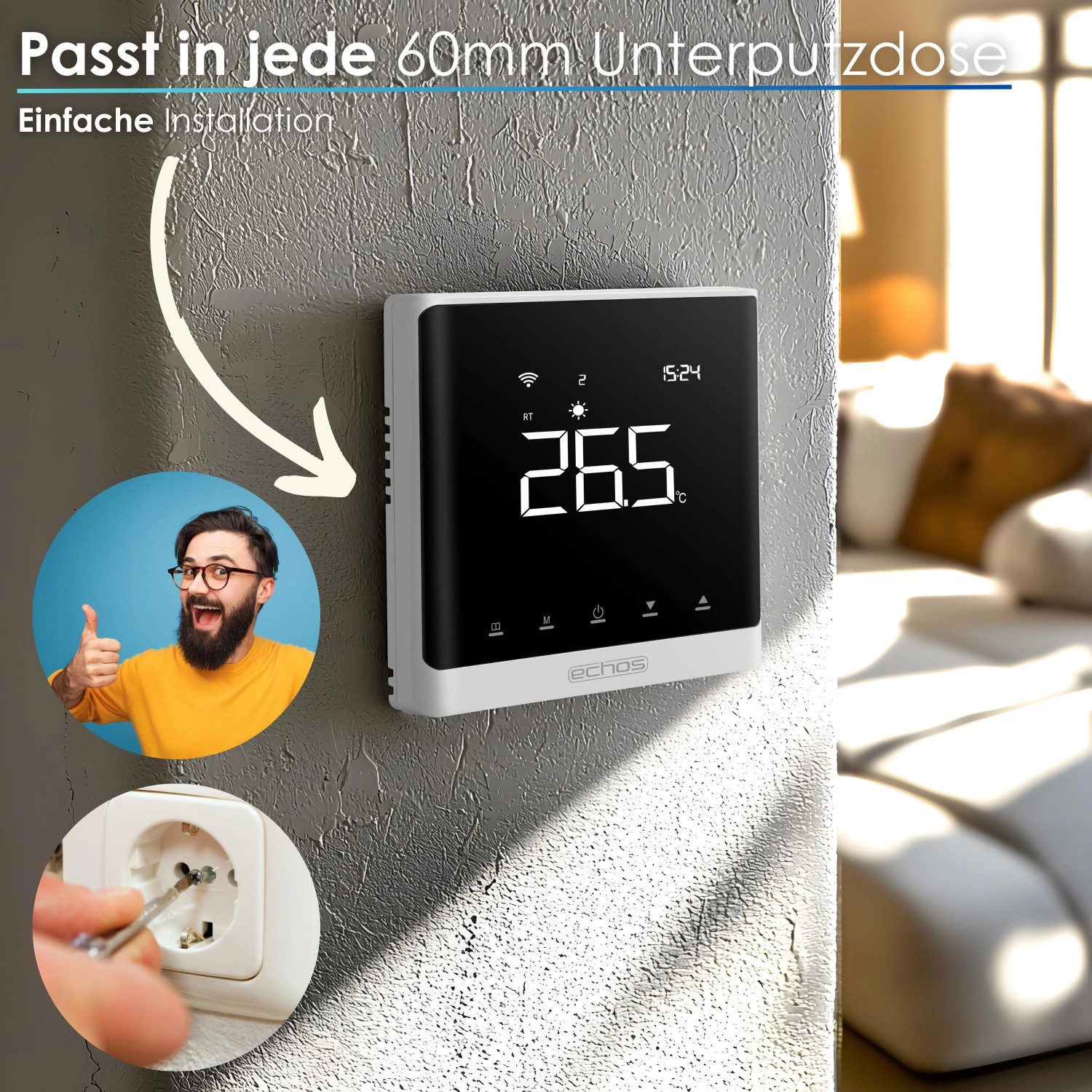 Echos Eco-4180 WLAN Wandthermostat für Fußbodenheizung, steuerbar per App, weiß.