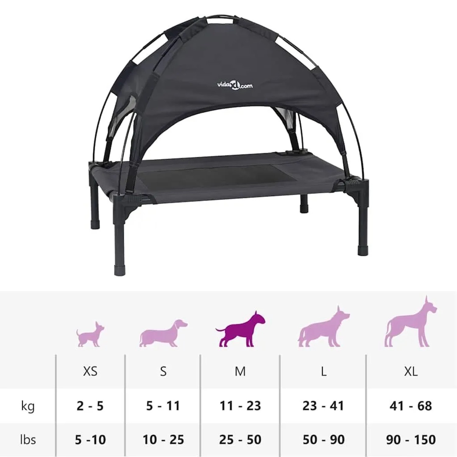 Schwarzes vidaXL Hundebett aus Stahl, erhöht mit Sonnendach, geeignet für mittelgroße Hunde.