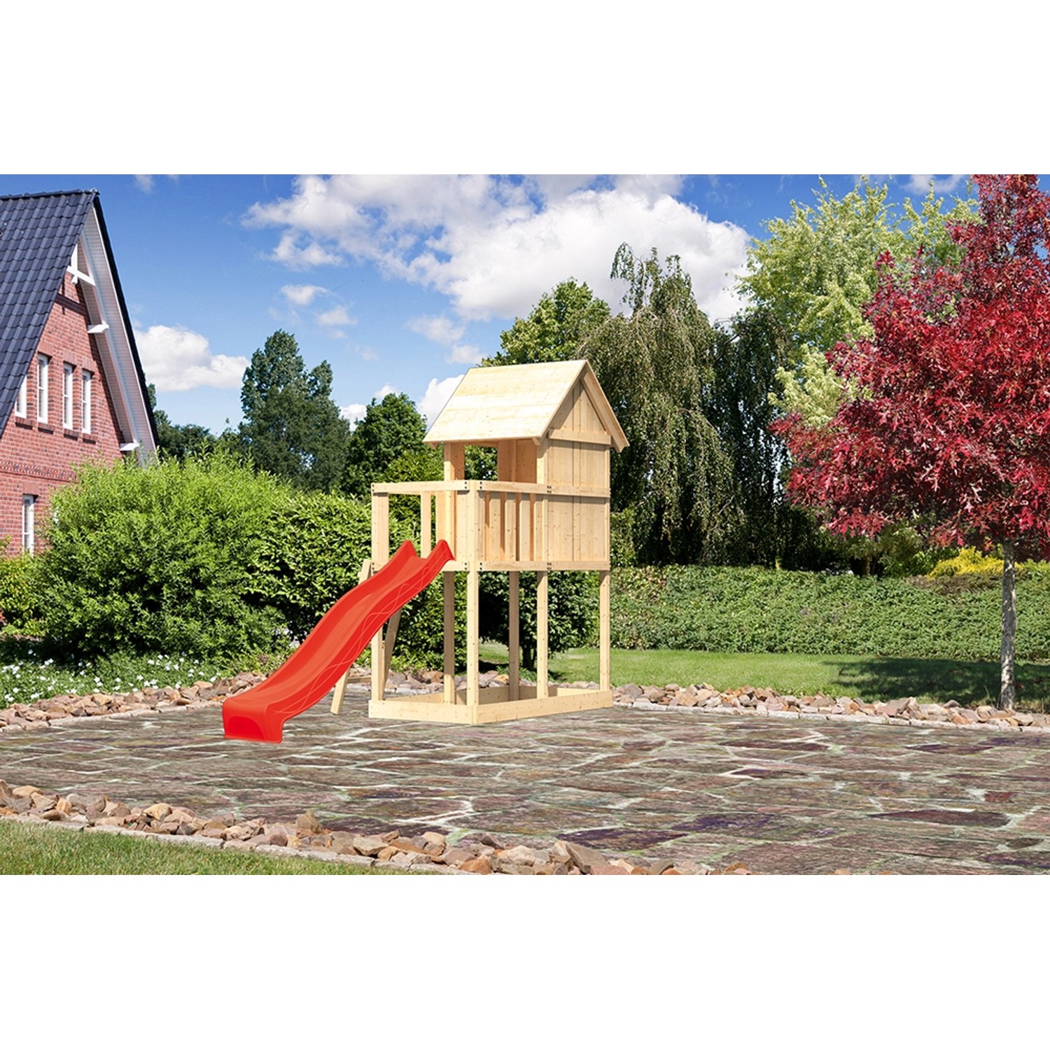 Karibu Kinderspielhaus Frieda Set Aktion 2 naturb. m. Anbau u. Rutsche Rot günstig online kaufen