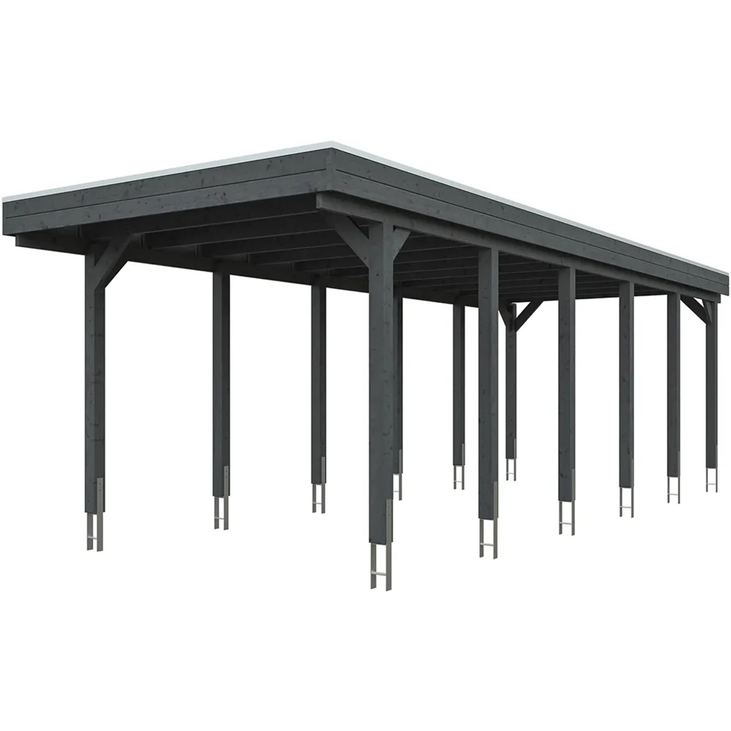 Carport Friesland in Schiefergrau mit Aluminiumdach, Holzkonstruktion mit 12 Pfosten.