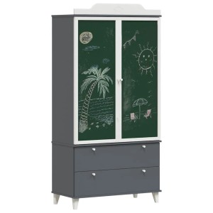 Grau-weißer vidaXL Kleiderschrank mit Kreidetafel-Türen, bemalt mit Strandmotiv, und Schubladen aus Holzwerkstoff.