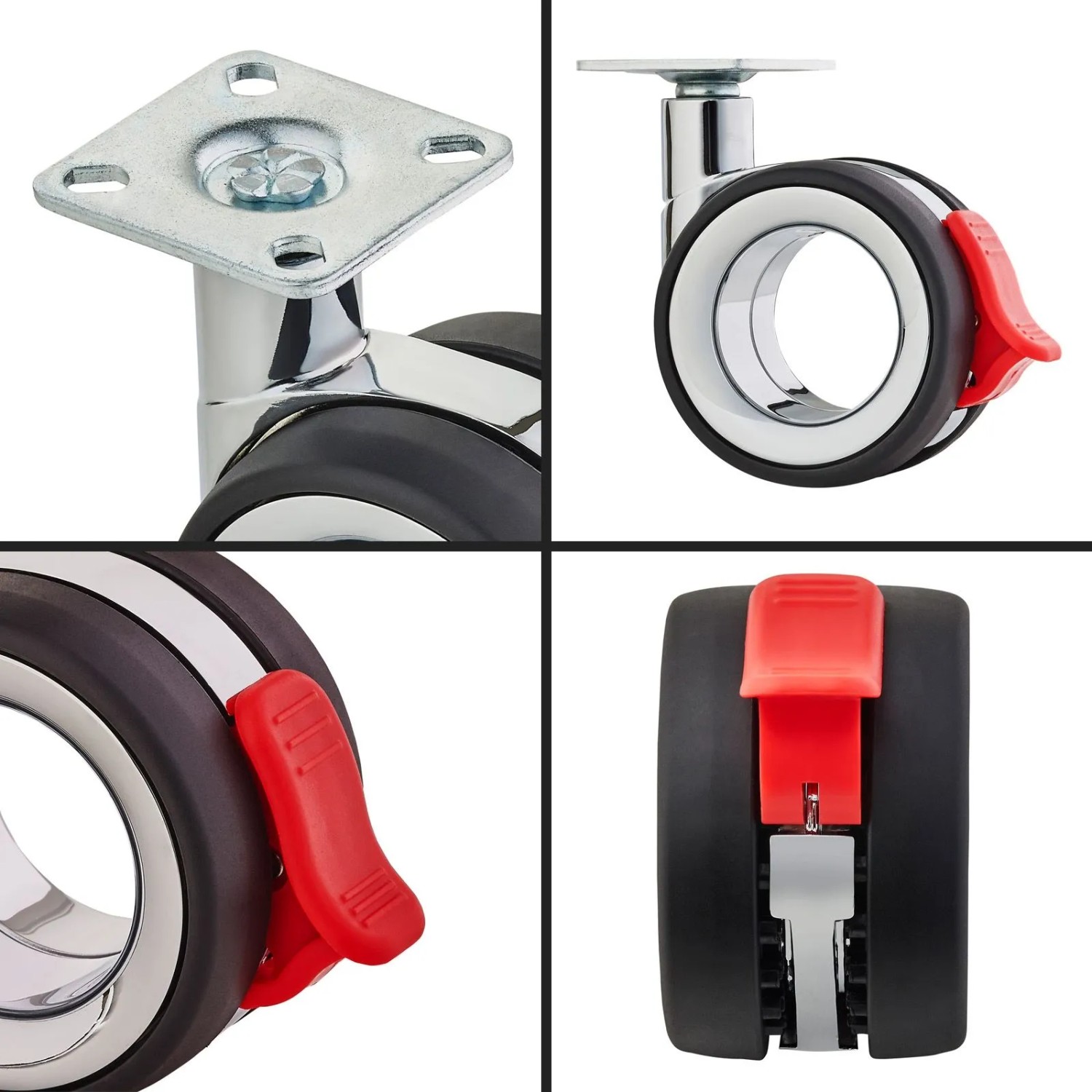 SOTECH Möbelrollen Set, 4 Stück, Ø75mm, Chrom/Schwarz, 2x mit Bremse, für Möbel & mehr.