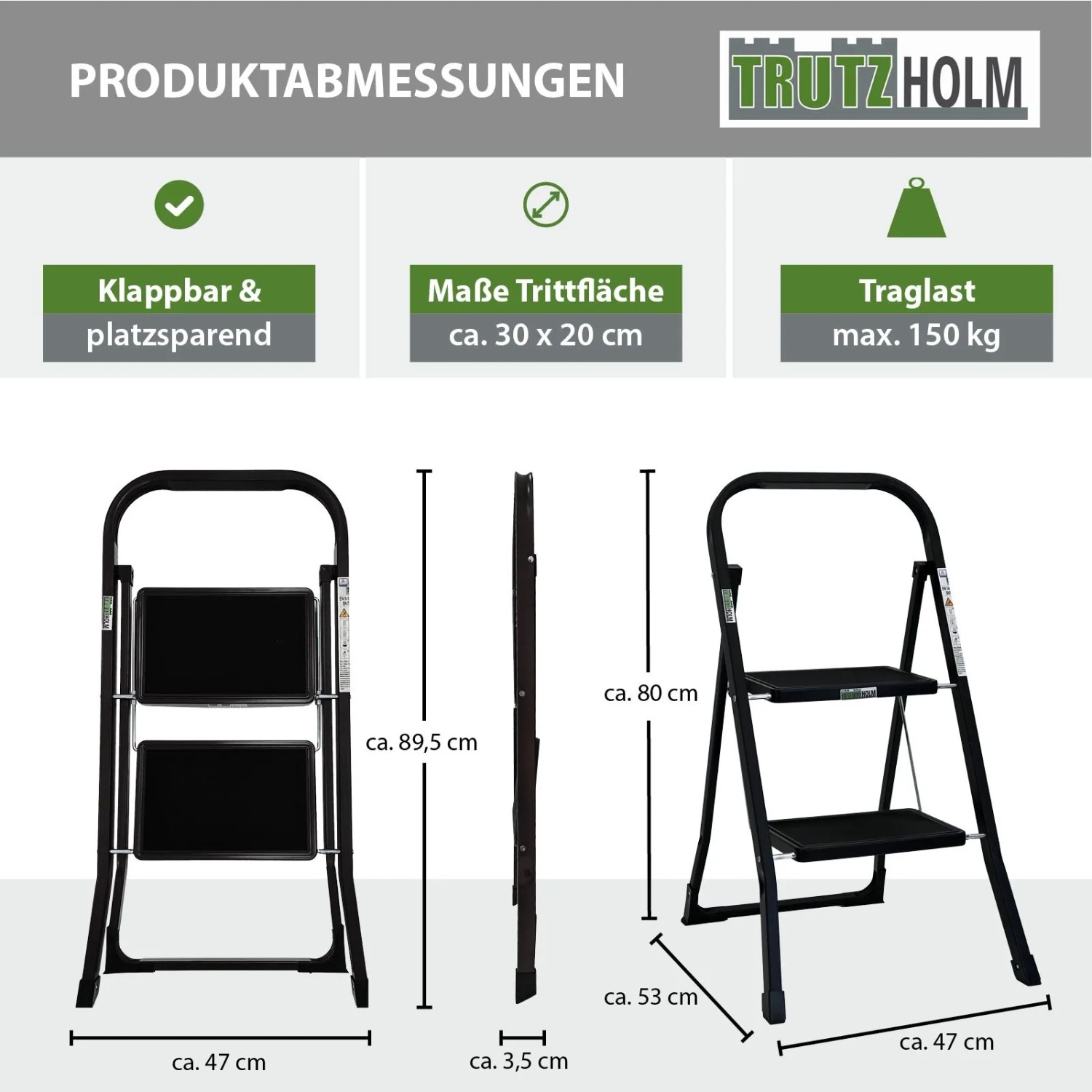 Abbildung einer schwarzen, klappbaren TRUTZHOLM Trittleiter mit 2 Stufen und Maßangaben.