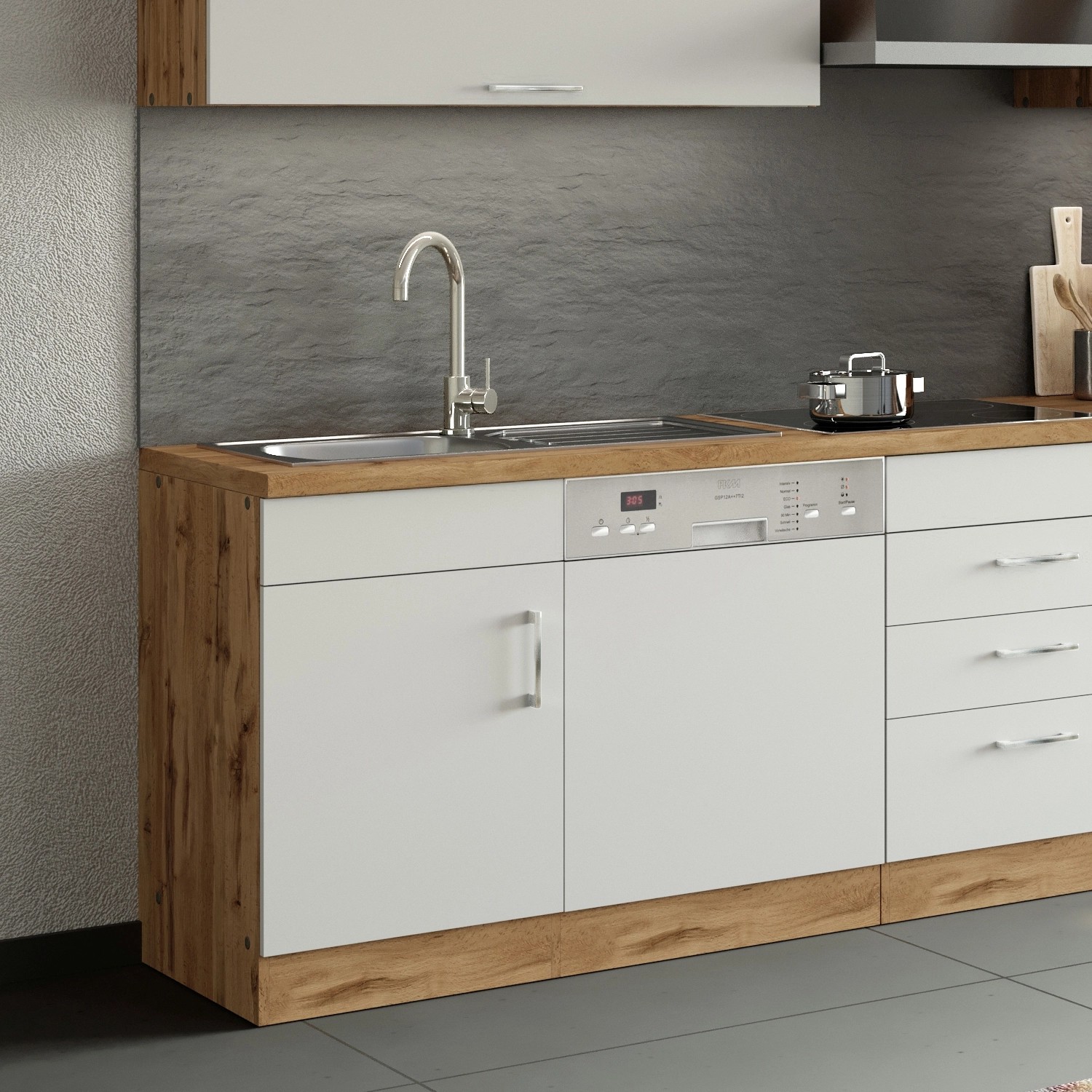 Held Möbel Spülzentrum Sorrento, 110 cm, weiß mit Holzdekor, inklusive Spüle und Geschirrspüler.