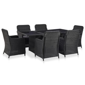 Schwarze 7-tlg. Garten Essgruppe aus Poly Rattan mit Tisch und 6 Stühlen.