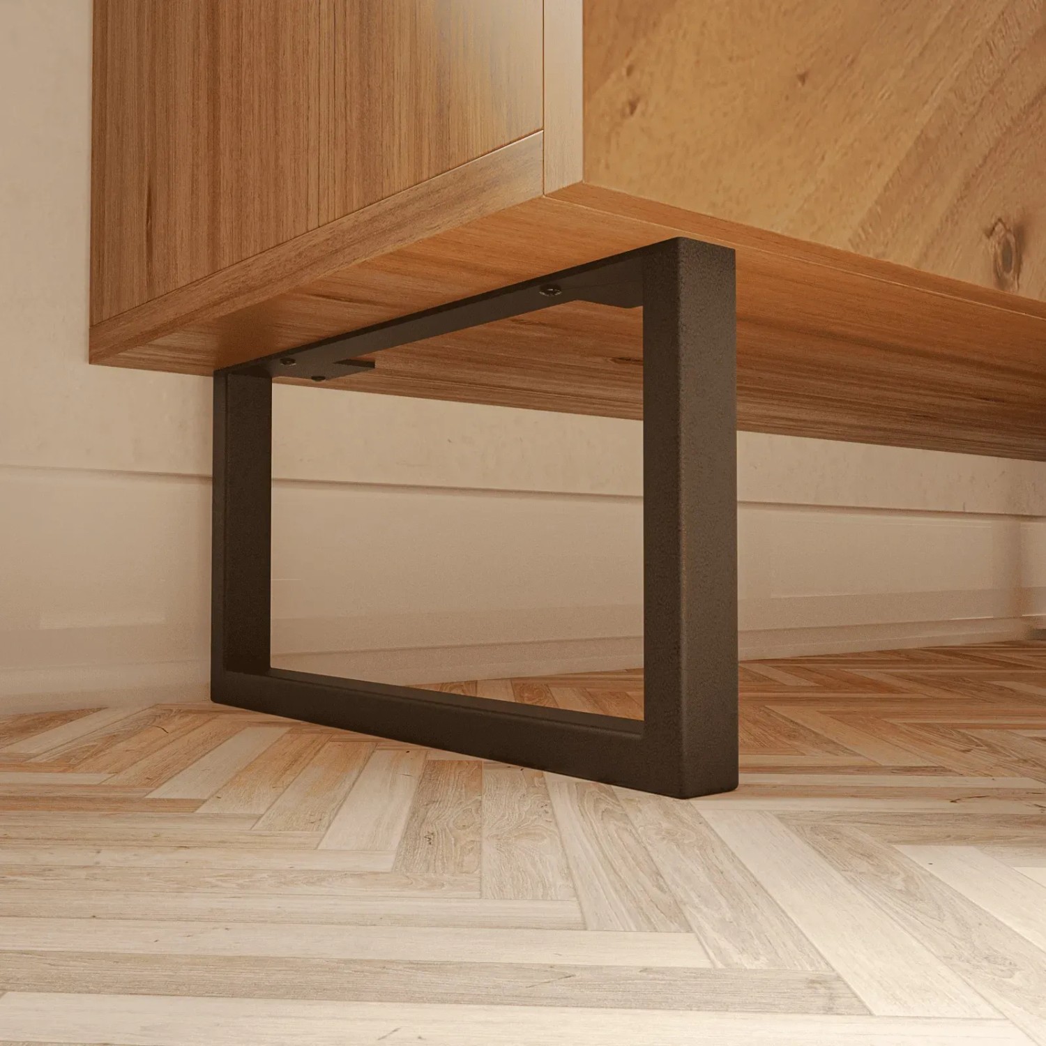 HEVVA Möbelfuß GRAZ, 2er Set, schwarz, 20x35 cm, unter Holzmöbel montiert.