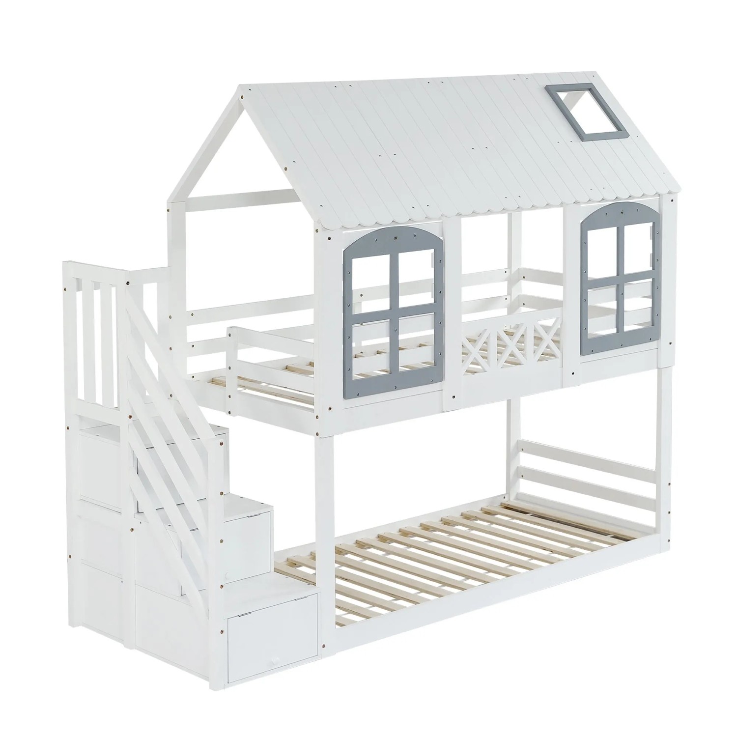 okwish Etagenbett 90x200cm mit Dach Fenster Schrank Kinderzimmer Weiß Grau ohne Matratze