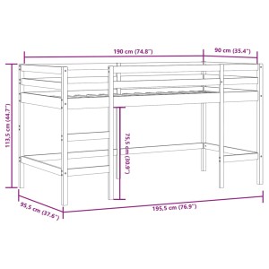 vidaXL Kinderhochbett mit Vorhängen, Kiefernholz, weiß und schwarz, 90x190 cm. Ideal für kleine Kinderzimmer.