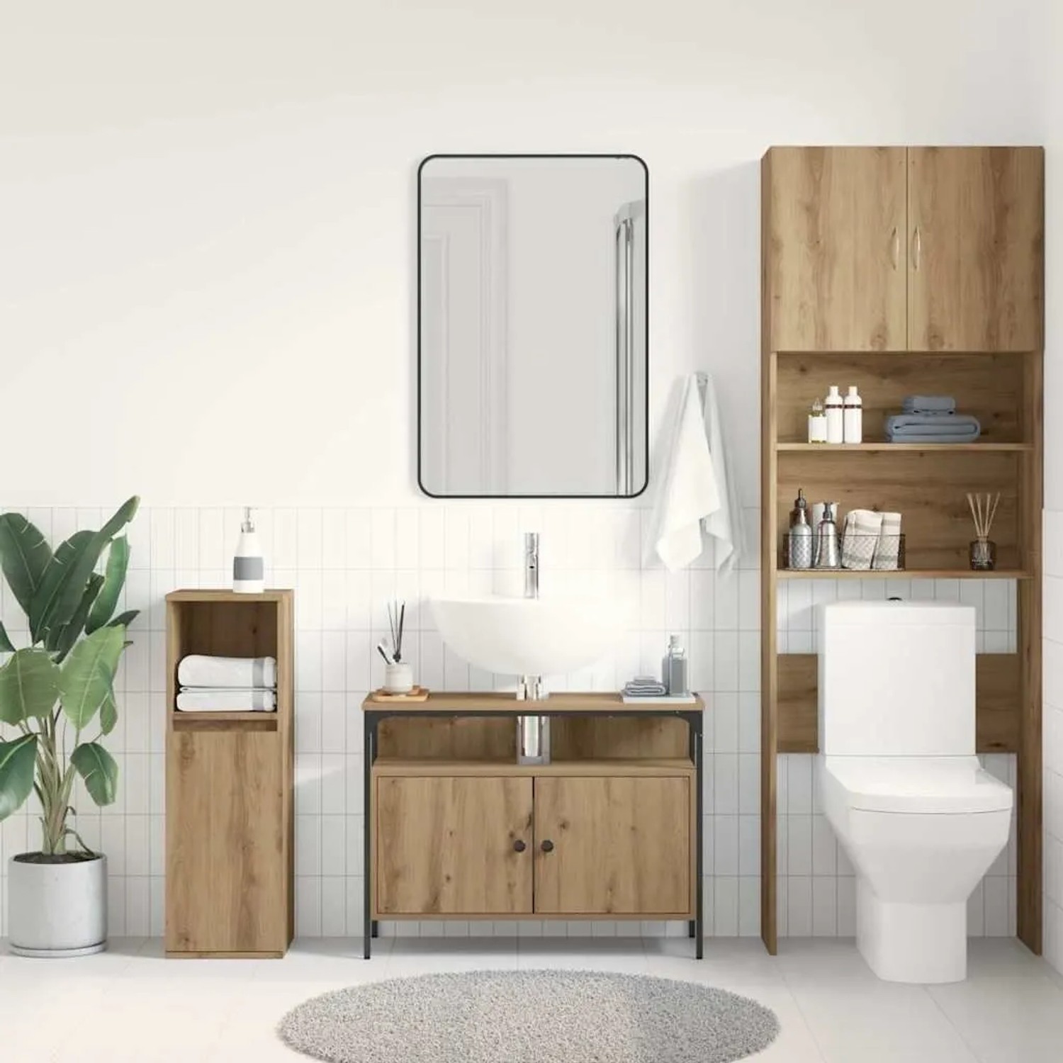 vidaXL Waschbeckenschrank Artisan-Eiche 80x30x60 cm mit schwarzem Stahlrahmen und 2 Türen im Bad.