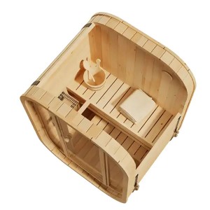 FinnTherm Innensauna Ellipso S: Kompakte Fasssauna aus Holz mit Glasfront, Innenansicht.