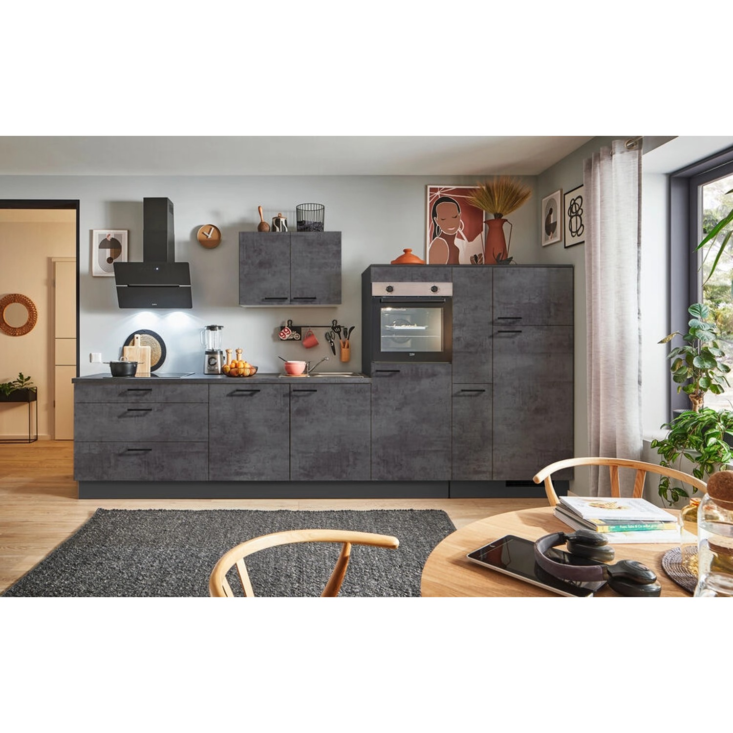 pino Küchenzeile 370cm Beton Grafitgrau Anschlag R 1Geräte-, 1 Apothekersch günstig online kaufen