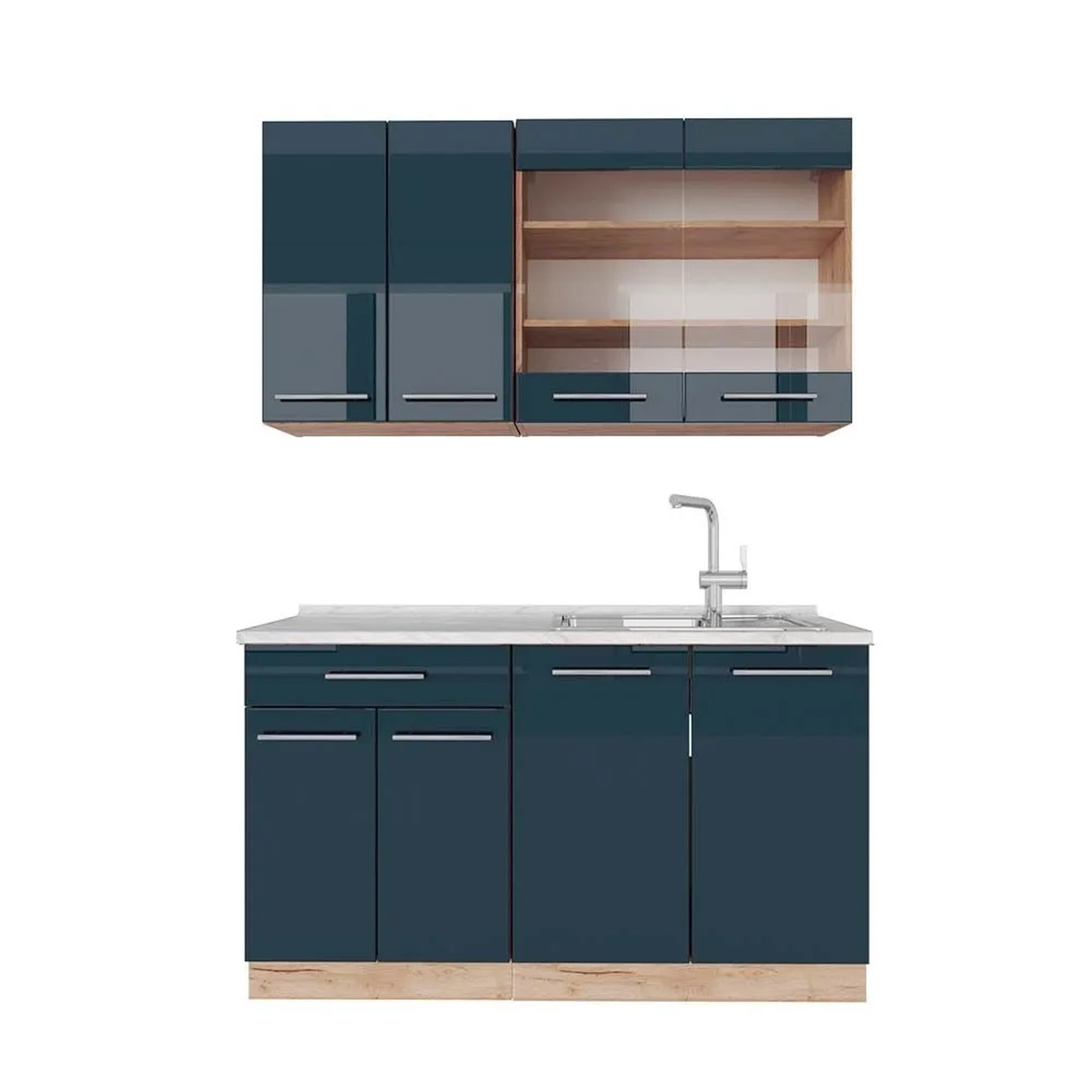 Vicco Fame-Line Singleküche DunkelBlau Hochglanz Goldkraft Eiche 140 cm AP Marmor ohne E-Geräte