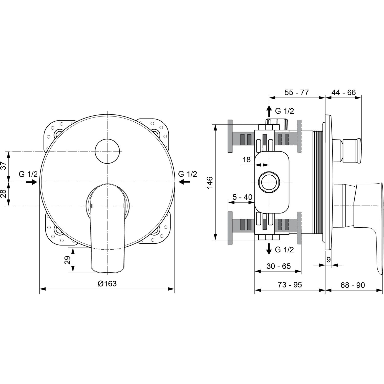 Technische Zeichnung Ideal Standard Connect Air Unterputz Badearmatur, Maße und Anschlüsse.