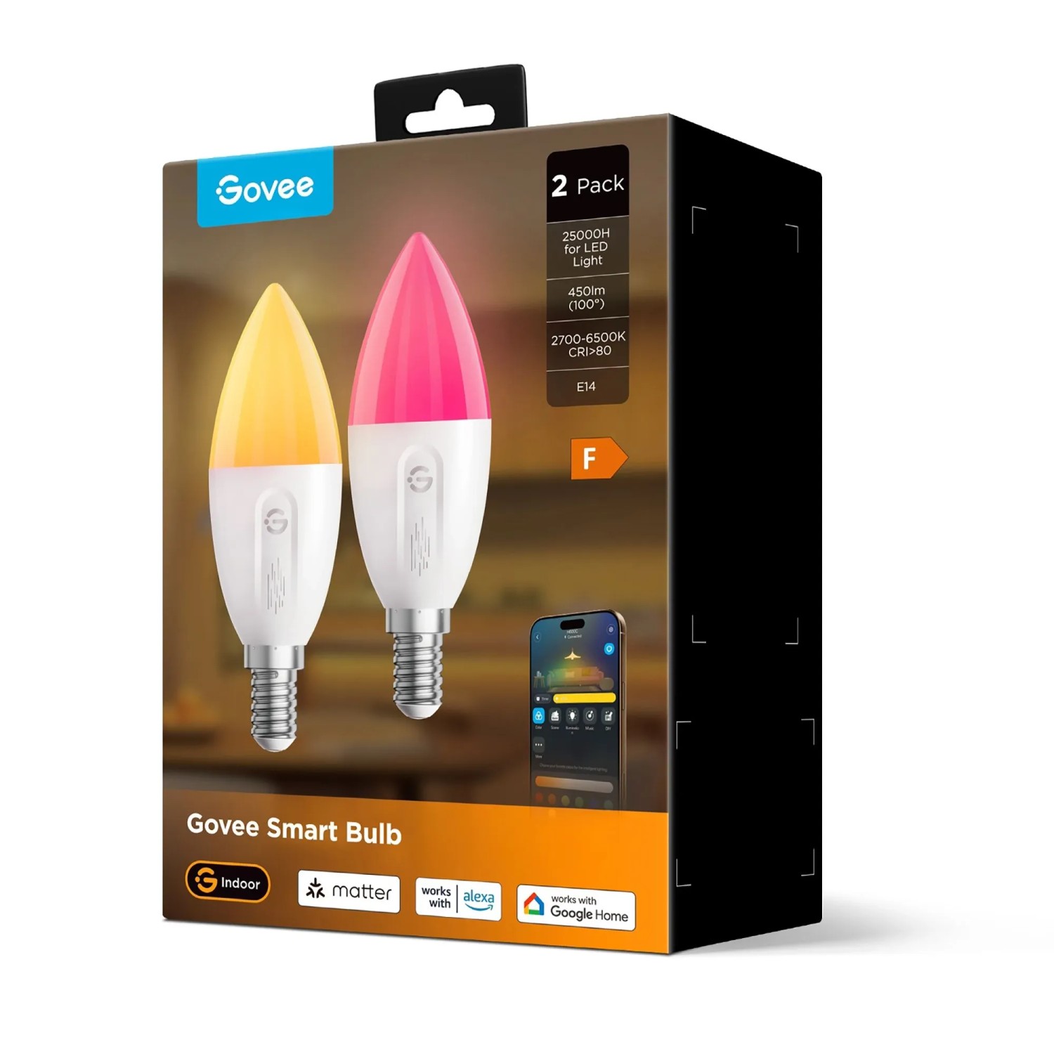 Govee E14 LED Lampe, Glühlampenform, 2er Set, dimmbar, farbiges Licht.