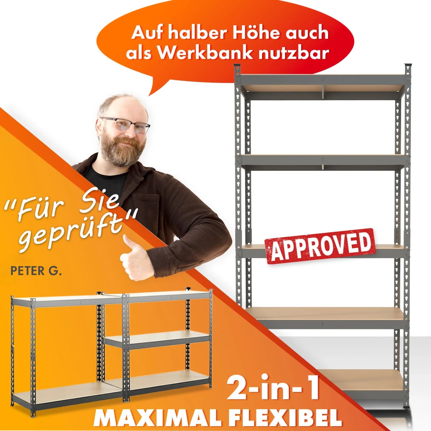 KARAT Schwerlastregal Rhino, anthrazit-grau, 180x90x60 cm, mit 5 Böden und hoher Tragkraft. Flexibel als Werkbank nutzbar.