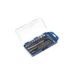 28-teiliges LUX T-Griff Steckschlüssel Set Classic mit Bits und Nüssen im blauen Koffer.
