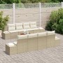 Beiges 9-teiliges vidaXL Garten-Sofa-Set aus Poly Rattan mit Kissen.