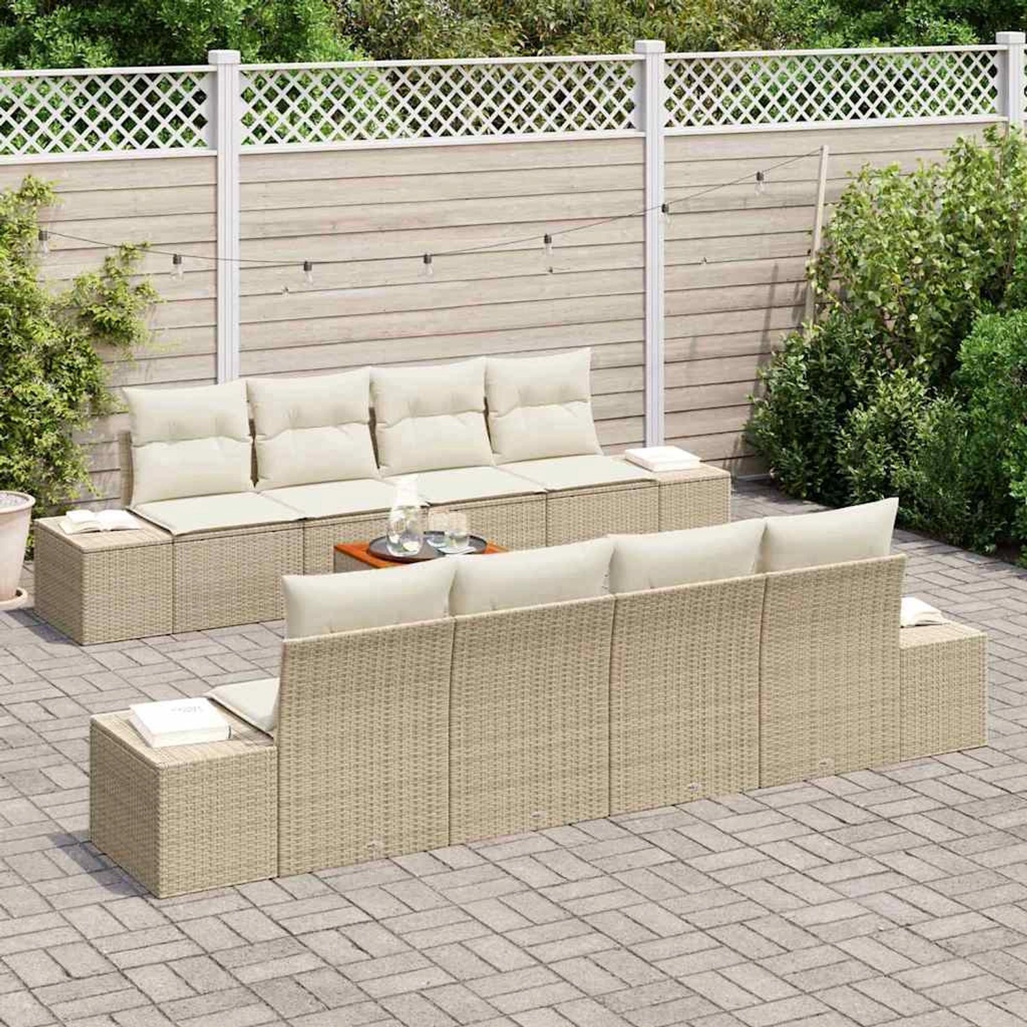 Beiges 9-teiliges vidaXL Garten-Sofa-Set aus Poly Rattan mit Kissen.