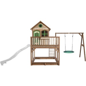 Axi Liam Spielhaus mit Nestschaukel, Rutsche, Sandkasten, Holz, braun, grün und weiß.