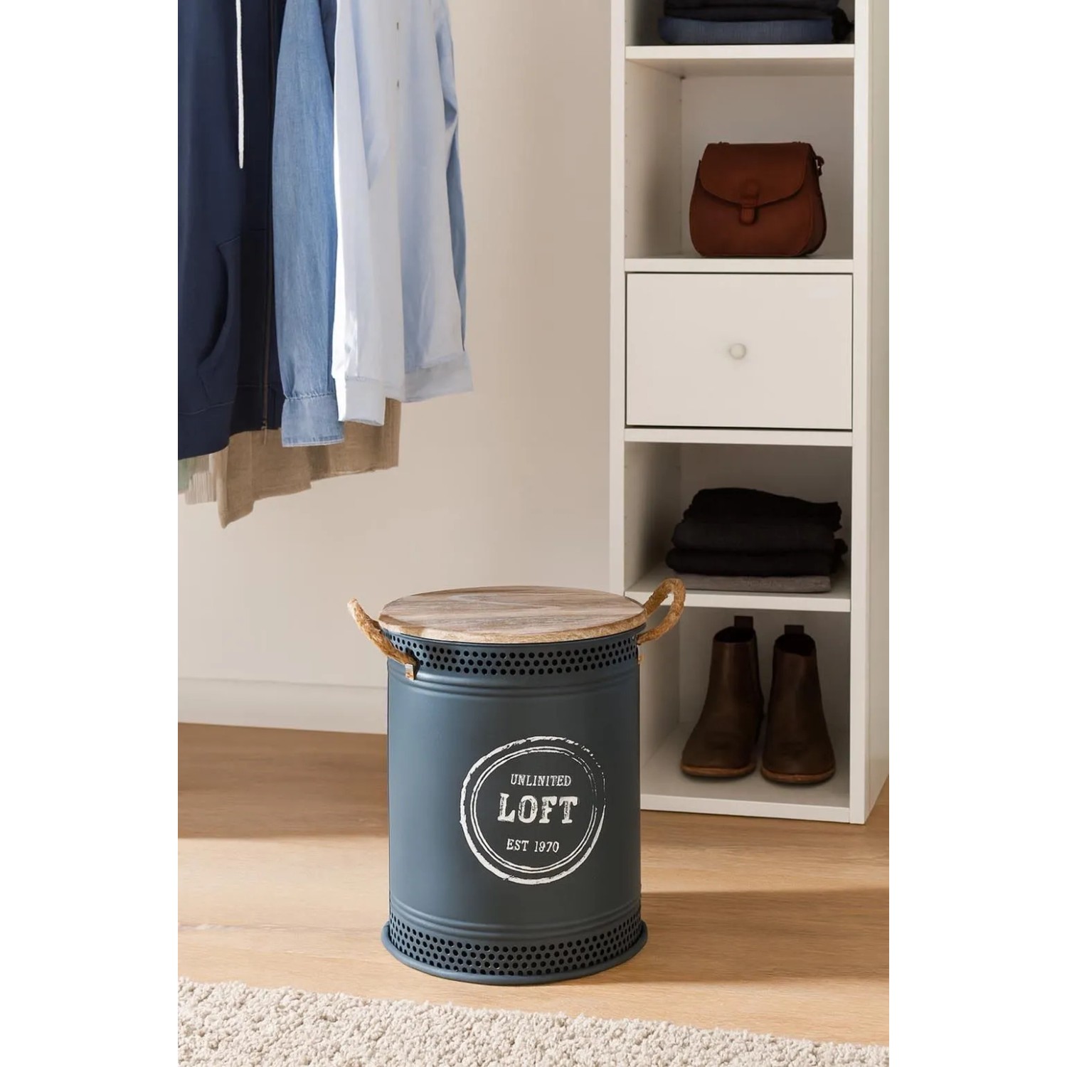 Kobolo Wäschekorb LOFT ANTHRAZIT Gr M 34x47 cm Metall Holz Deckel Griffe_2